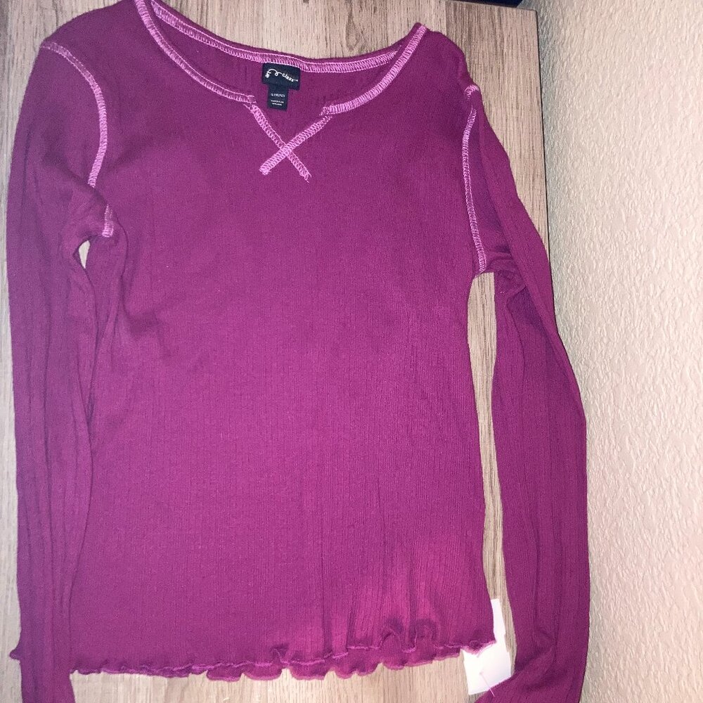 Art Class Raspberry Dark Pink Large 10-12 Long Sleeve Ribbed Cotton Blend V Neck